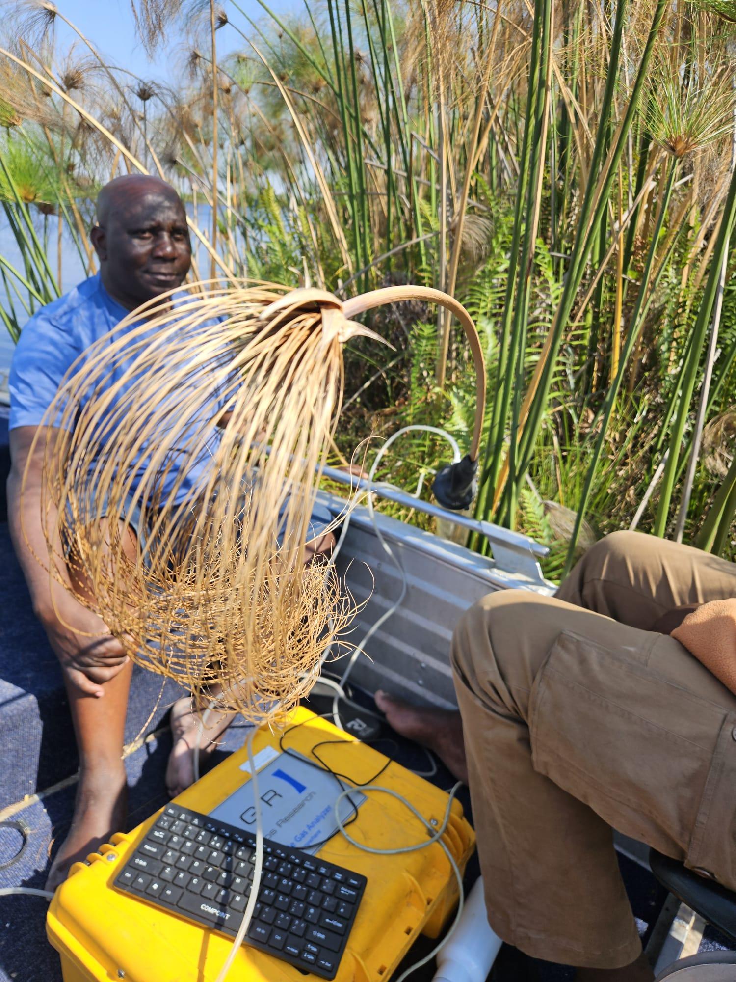 Man and equipment with vegetation behind