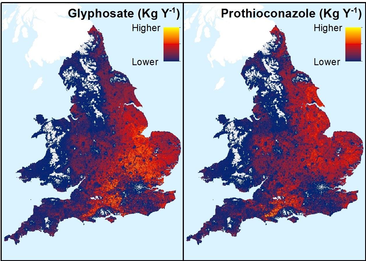 Map showing relative usage quantities of the pesticides glysophate and prothioconazole across the country,
