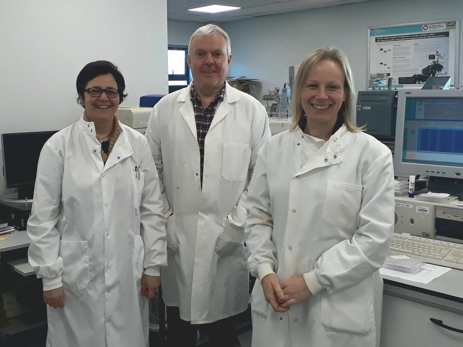 Dr Gloria Dos Santos Pereira, Dr Andy Stott and Helen Grant at the isotope laboratory at CEH Lancaster