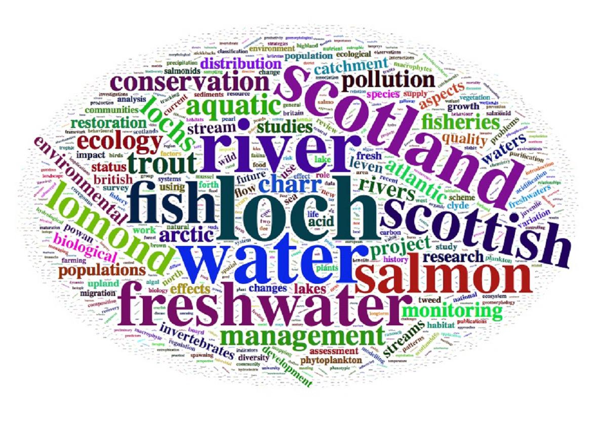 Wordle with words about freshwater research in Scottish lochs and rivers