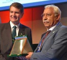 Dr Ragab Ragab, right, of CEH is pictured receiving the Best Paper Award from International Commission on Irrigation and Drainage president Felix Reinders  Picture: ICID & CANCID