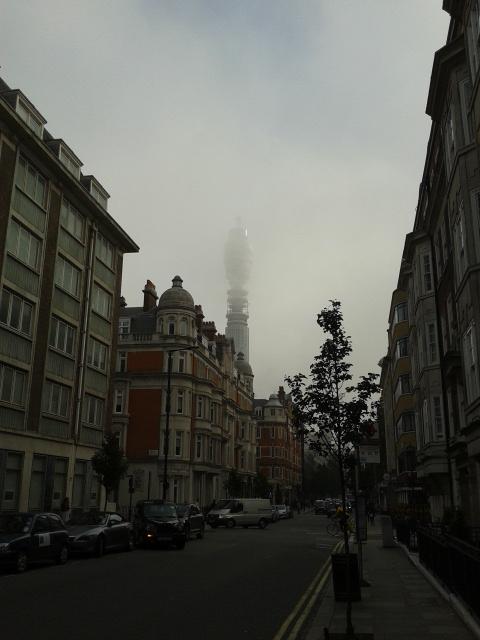 BT tower appearing through the early morning mist.