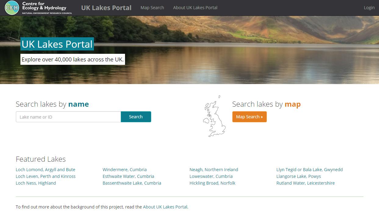 Screengrab from the UK Lakes Portal homepage