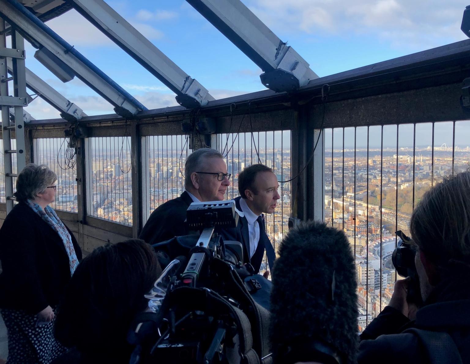 Waste and resources minister Thérèse Coffey, Environment Secretary Michael Gove and Health Secretary Matt Hancock at BT Tower