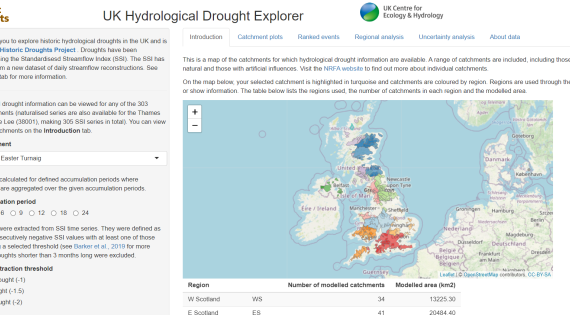 Screenshot of Hydrological Drought Explorer, with a map of the UK in the middle with introductory text above and to the left