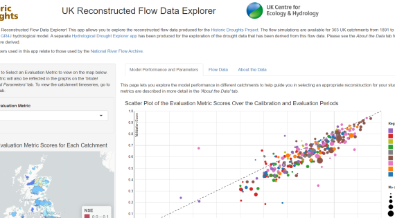 Screenshot of Reconstructed Flow Explorer, with a map of the UK on the left and a scatter plot on the right