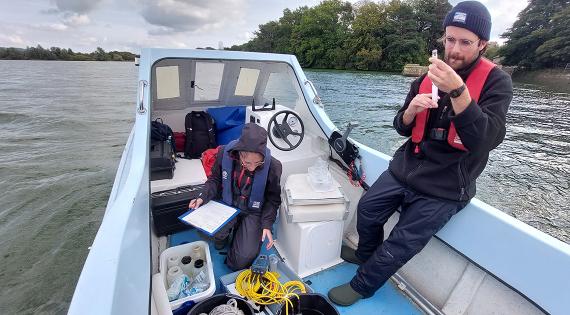 Two people on a boat in Loch Leven