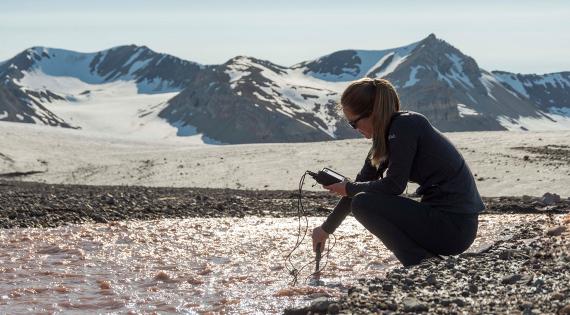 Alanna Grant probing water as it melts from the glacier in the background