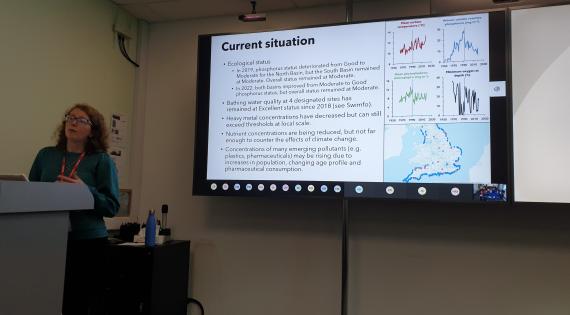 Lynsey Harper at podium with presentation slide entitled Current situation