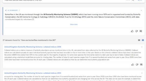 Screenshot of a response from the AI-enhanced dataset search tool on “How are butterflies monitored in the UK?”. It provides a plain-language summary before listing the most relevant datasets. 
