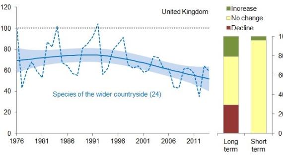 Graph showing decline of species of the wider countryside butterflies