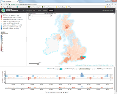 Drought Portal screenshot showing 18-month rainfall for the UK