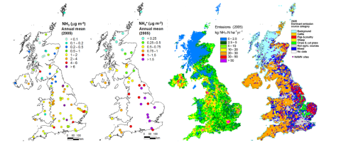 Measured annual mean concentrations from the UK National Ammonia Monitoring Network for 2005 for NH 3 and particulate NH + 4 , and maps at 5 km by 5 km grid resolution for 2005 of the estimated annual NH 3 emissions