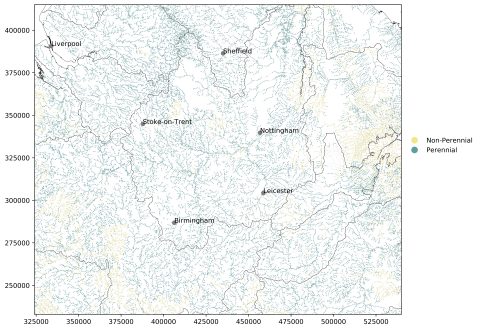 Map of modelled hydrological intermittence – Midlands 