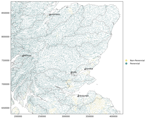 Map of modelled hydrological intermittence - Scotland