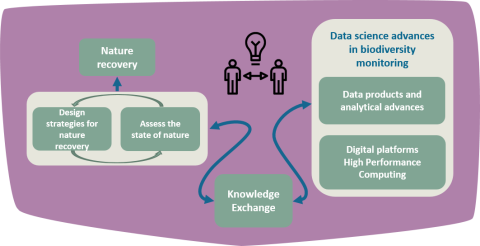 Knowledge Exchange Diagram visualising the Knowledge Exchange process closing the gap between advances in data science and statistics made by the scientific community and practitioners working on nature recovery on the ground