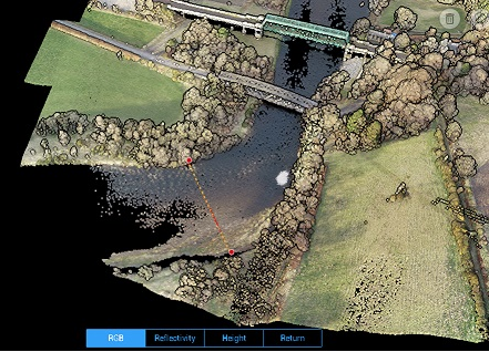 A LiDAR point cloud of a river and fields created with a DJI M300 RTK drone and DJI L1 LiDAR sensor