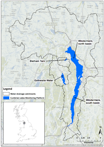 Map highlighting basins in the Windermere catchment and its location in Britain