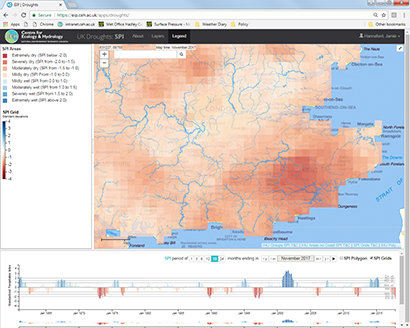 Drought Portal showing 18-month rainfall for a 5km grid in southeast England (time series shows a grid point in southern Kent)