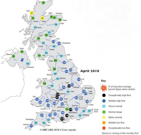 Map showing river flows in UK hydrological summary of April 2018