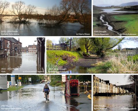 Collage of flood and drought images from around UK
