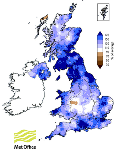 June-July 2017 rainfall totals in UK as percent of long-term average