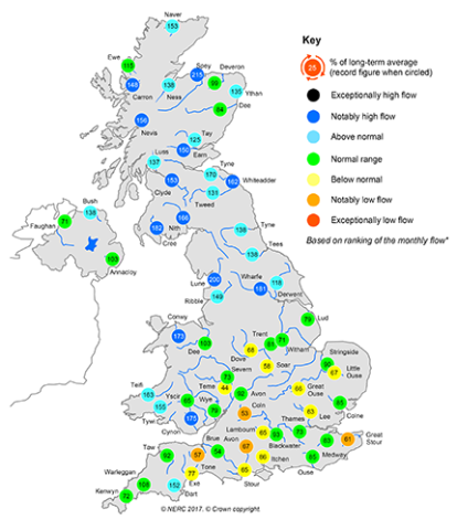 June-July 2017 average river flows in UK