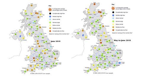 Maps showing average river flows for June 2018 and May-June 2018