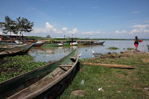 Boats on a lake shore