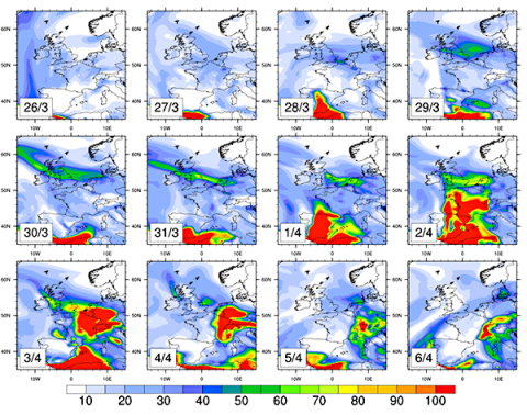 EMEP4UK modelled daily-mean surface concentrations of PM10 for period 26th March 2014 (EP1) to 6 April 2014 (EP2)