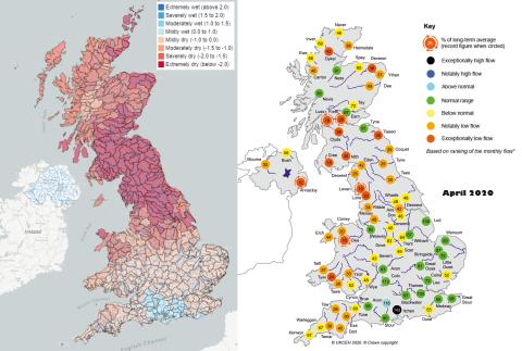 Charts showing Standardised Precipitation Index in April 2020 and April monthly mean river flows for the UK 
