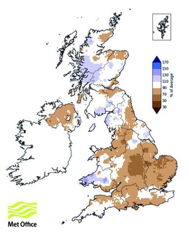 UK map showing percentage of long-term average rainfall for autumn 2018 (September-November)
