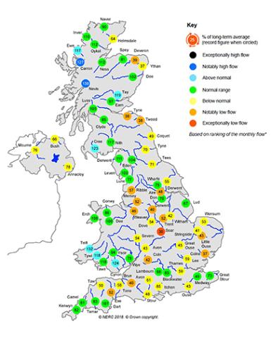 UK map showing percentage of long-term average river flows for autumn 2018 (September-November)