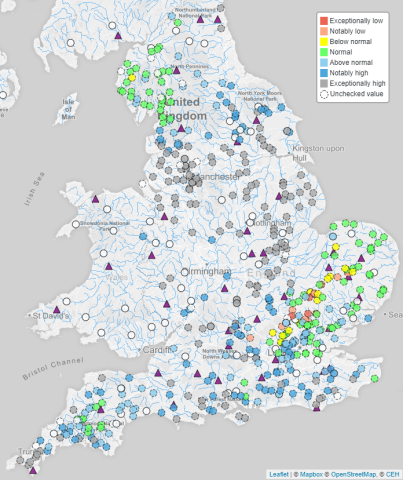 Map of England and Wales from the UK Water Resources Portal on 7th November 2019