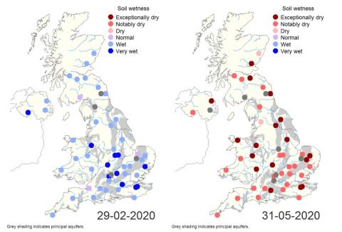 Two maps showing UK soil wetness in February and May 2020