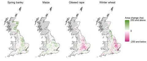 Maps showing changes in distribution of 4 crop types between 2015 and 2019 in Great Britain