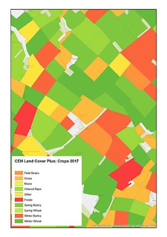 Map showing data from CEH Land Cover® Plus: Crops 2017