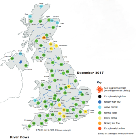 Map showing December 2017 river flows in the UK