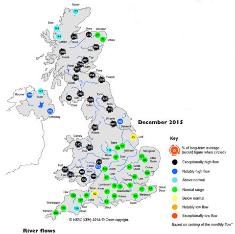 Map showing December 2015 river flows in the UK