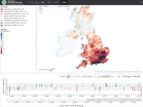 UK Drought Portal screengrab showing a map of June rainfall (red colour is extremely dry)
