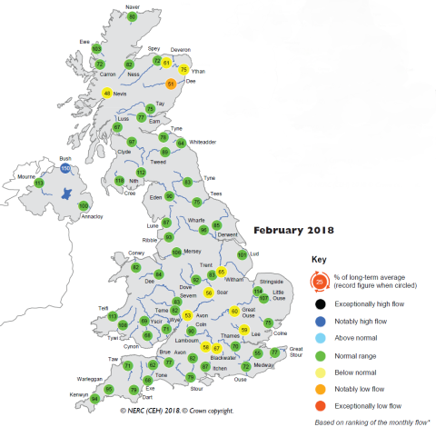 Map of UK showing river flows during February 2018