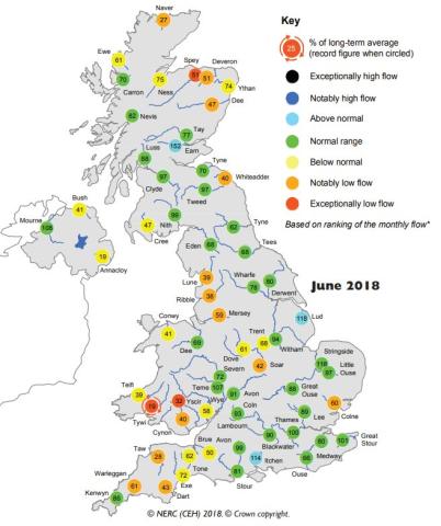 River flow map from June 2018 UK Hydrological Summary
