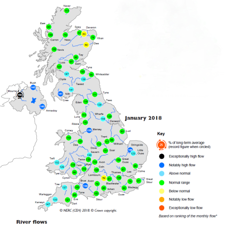 River flows map from January 2018 UK Hydrological Summary
