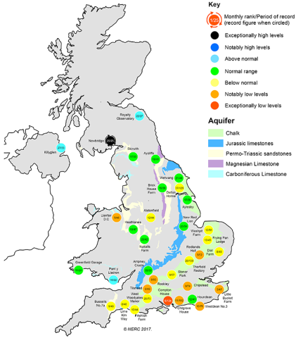 Map showing UK groundwater levels in July 2017 (from the monthly Hydrological Summary)
