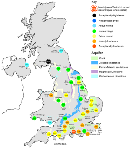 Map showing UK groundwater levels in July 2017 (from the monthly Hydrological Summary) Map showing UK groundwater levels in July 2017 (from the monthly Hydrological Summary)