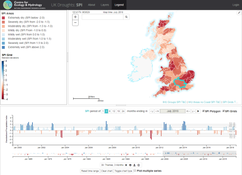 Screengrab from UK Drought Portal showing SPI-3 drought indicator (rainfall averaged over 3 months to end of July 2018)