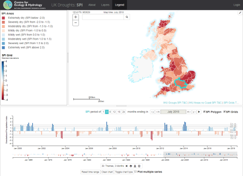 Screengrab from UK Drought Portal showing SPI-3 drought indicator (rainfall averaged over 3 months to end of July 2018) Screengrab from UK Drought Portal showing SPI-3 drought indicator (rainfall averaged over 3 months to end of July 2018)