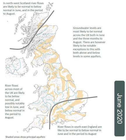 Map showing June 2020 hydrological outlook in the UK