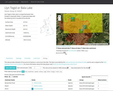Screenshot from UK Lakes Portal showing information on Llyn Tegid or Bala Lake