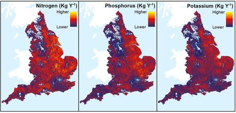 Example of 3 maps of England estimating application of 3 fertilisers